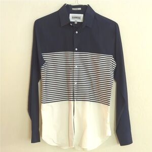 Express Navy Blue Striped Fitted Collared Button Down Long Sleeve Shirt - S